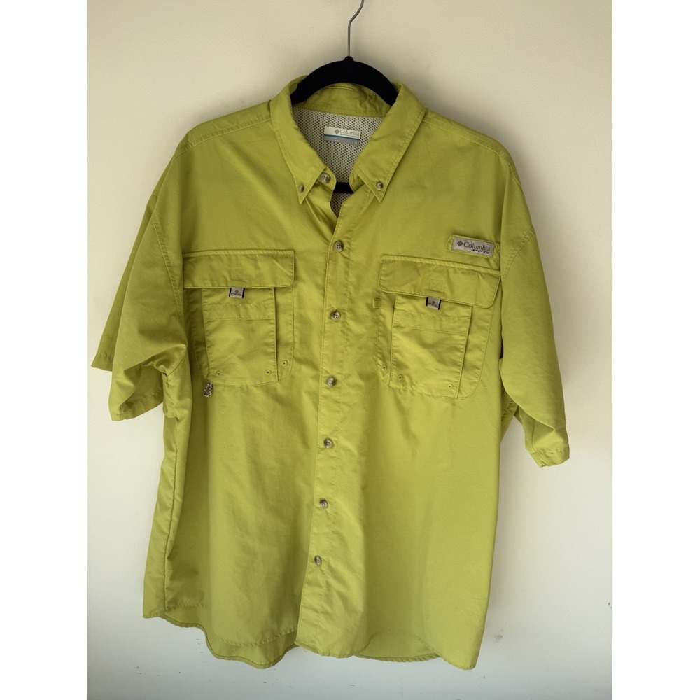Columbia PFG Fishing Shirt Mens L Chartreuse Green Short Sleeve Vented FM7047